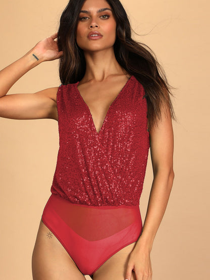 Sequin Surplice Sleeveless Bodysuit-Angel Casuals