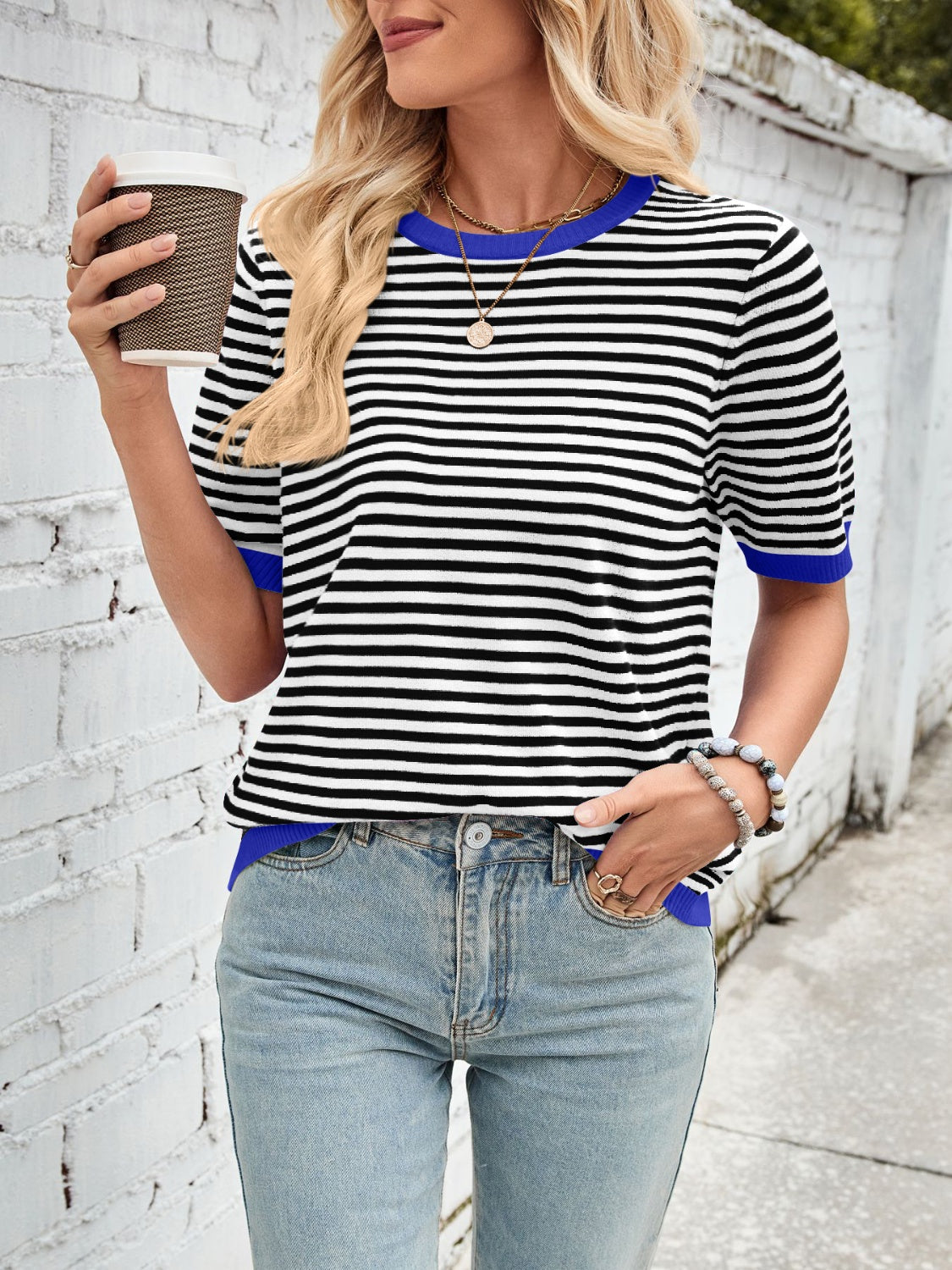 Lovelet Striped Contrast Round Neck Half Sleeve Knit Top-Angel Casuals