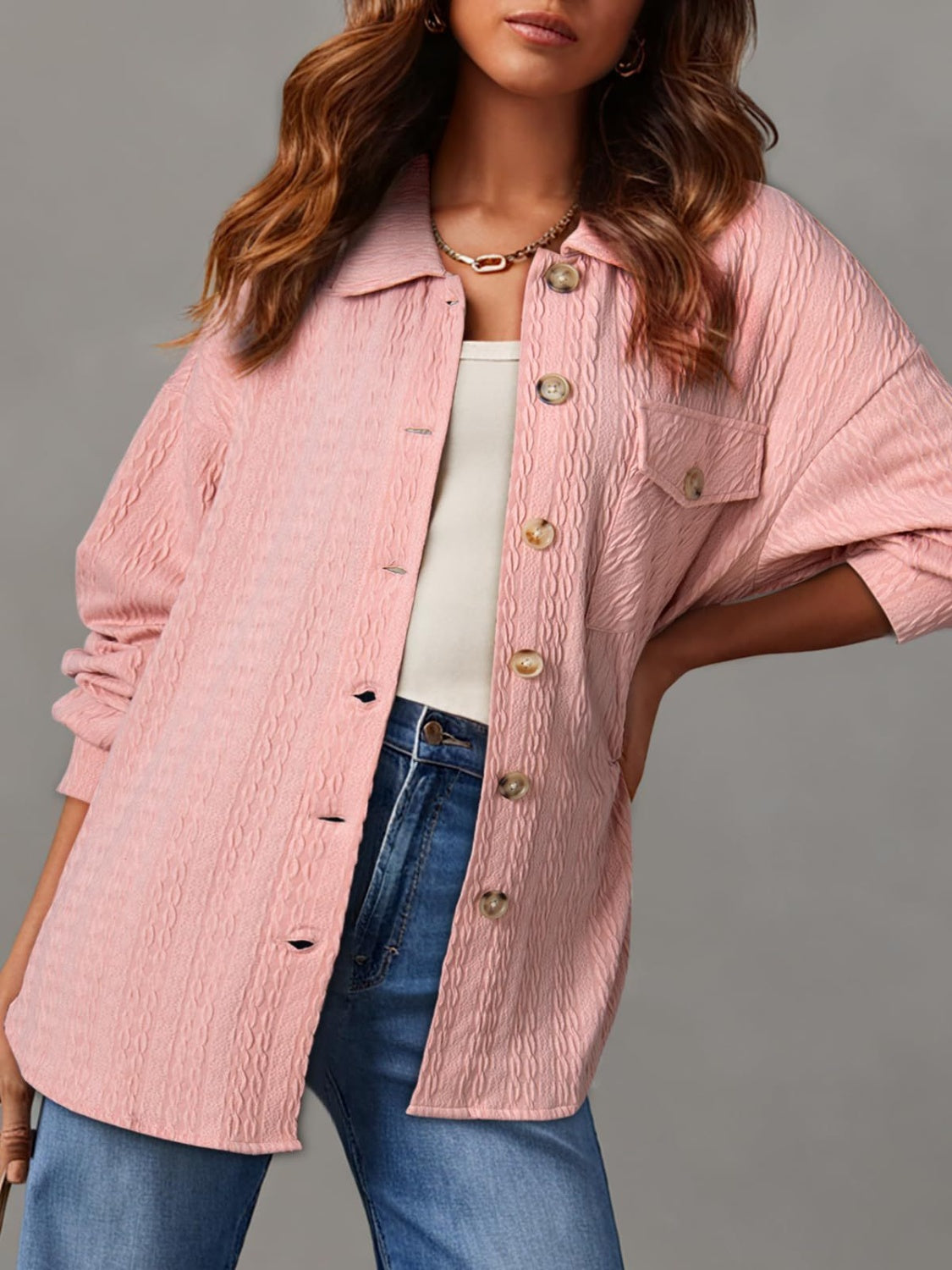 Textured Button Up Long Sleeve Shacket-Angel Casuals