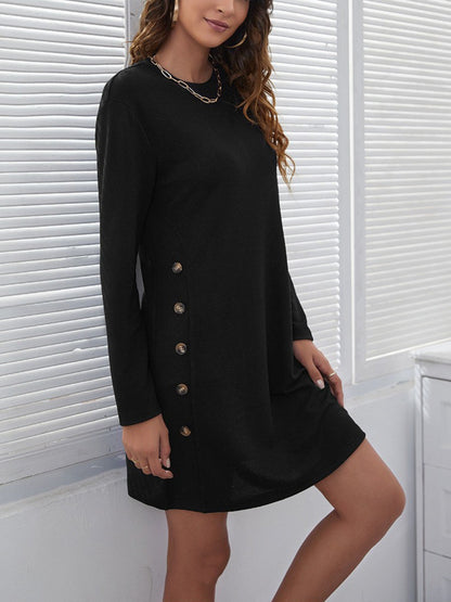 Decorative Button Round Neck Dress-Angel Casuals