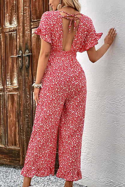 Printed Tie Back Ruffled Jumpsuit-Angel Casuals