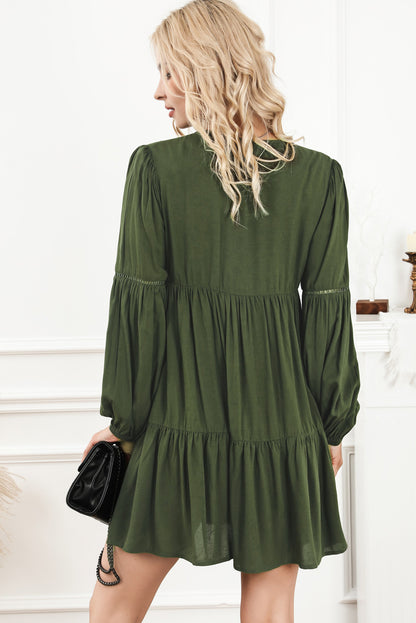 Tie Neck Long Sleeve Tiered Dress-Angel Casuals