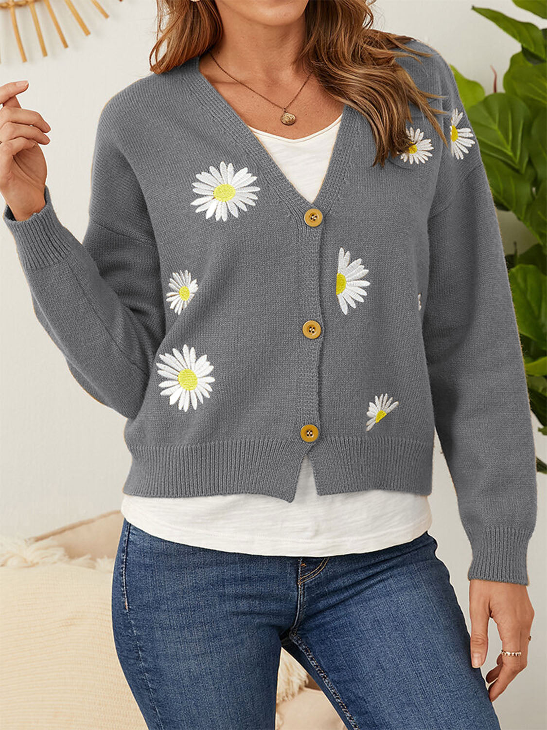 Flower Button Front Dropped Shoulder Cardigan-Angel Casuals