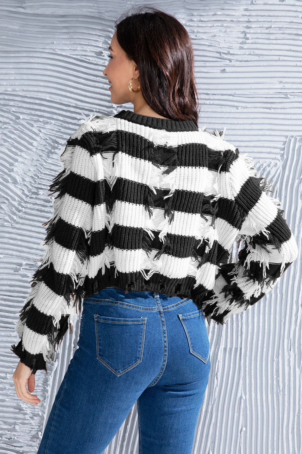 Striped Fringe Round Neck Sweater-Angel Casuals