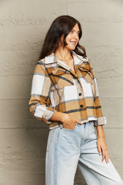 Plaid Collared Neck Jacket with Breast Pockets-Angel Casuals