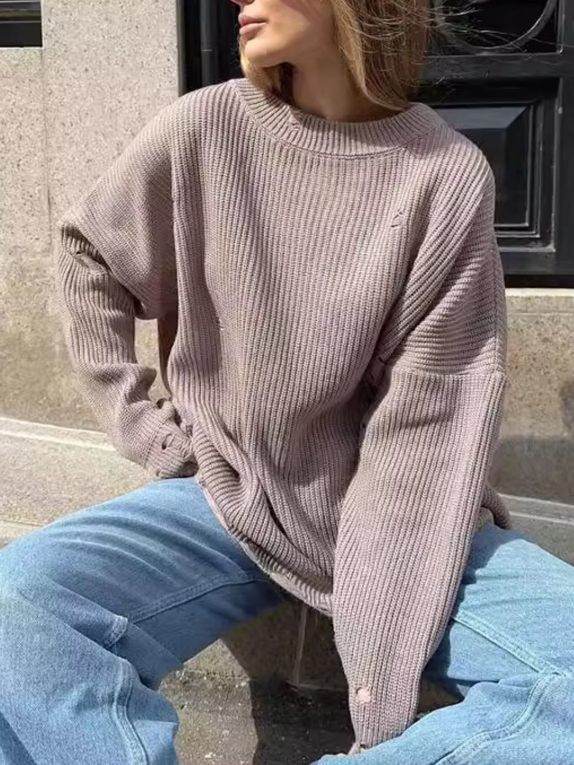 Distressed Round Neck Long Sleeve Sweater-Angel Casuals