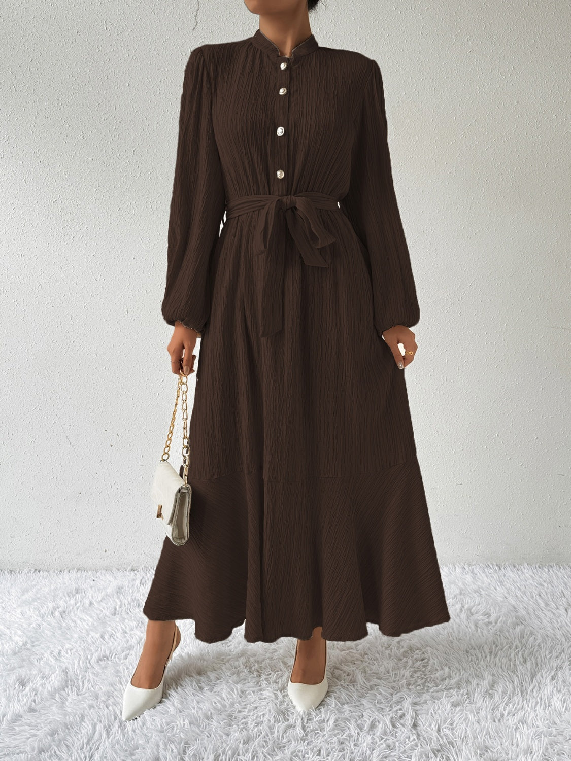 Tie Waist Long Sleeve Dress-Angel Casuals