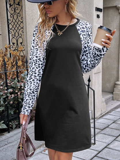 Leopard Round Neck Long Sleeve Dress-Angel Casuals