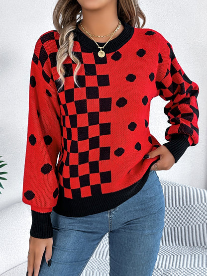 Plaid Round Neck Long Sleeve Sweater-Angel Casuals