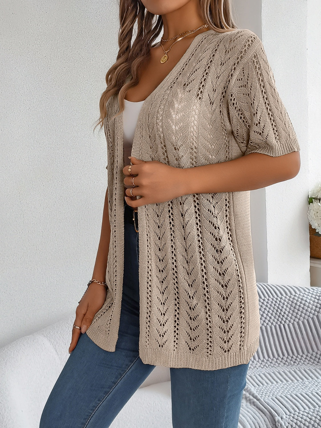 Openwork Open Front Half Sleeve Cardigan-Angel Casuals