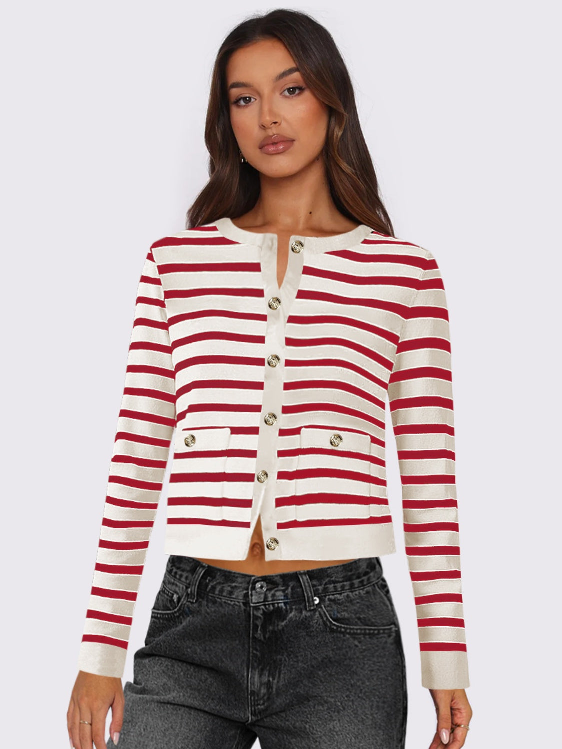 Striped Round Neck Button Up Long Sleeve Cardigan-Angel Casuals