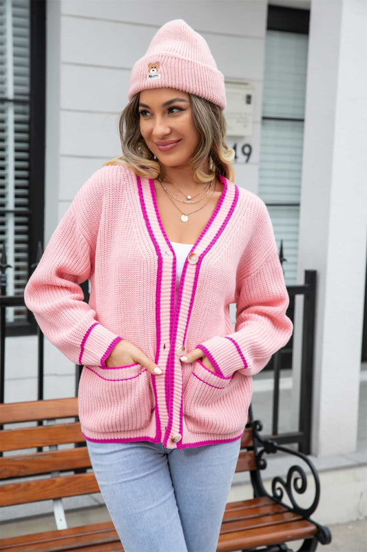 Waffle Knit V-Neck Cardigan with Pocket-Angel Casuals