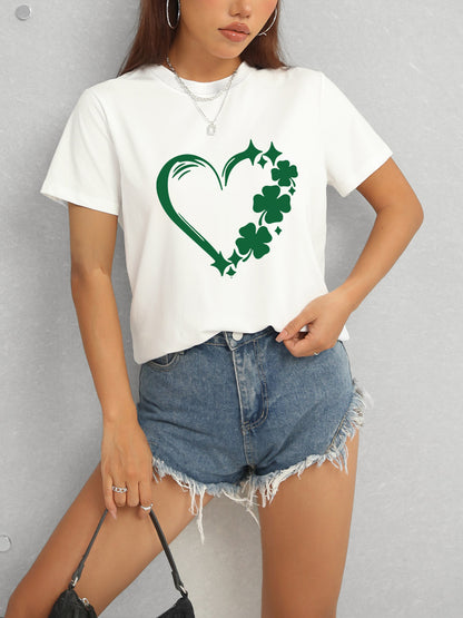 Heart Lucky Clover Round Neck Short Sleeve T-Shirt-Angel Casuals