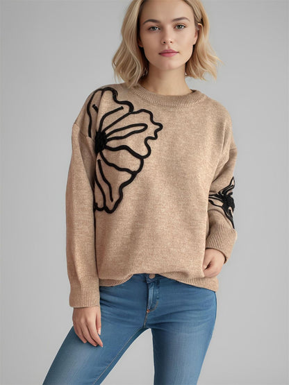 Flower Round Neck Long Sleeve Sweater-Angel Casuals