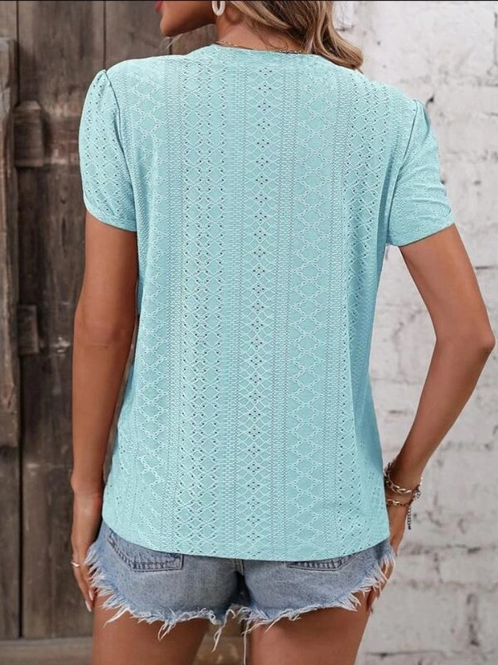 Eyelet V-Neck Petal Sleeve T-Shirt-Angel Casuals