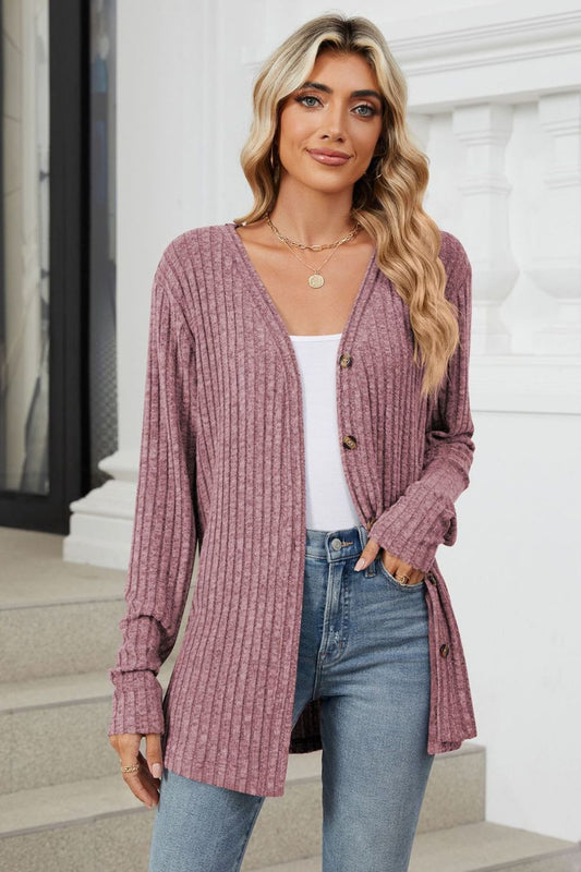 Ribbed Button Up Long Sleeve Cardigan-Angel Casuals