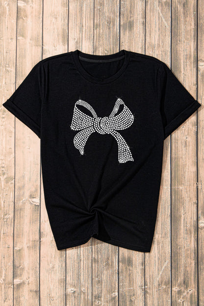 Rhinestone Bow Graphic Round Neck Short Sleeve T-Shirt-Angel Casuals