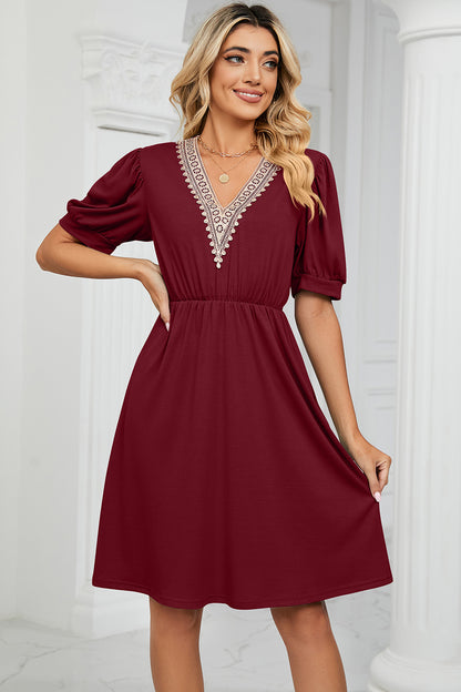 V-Neck Puff Sleeve Dress-Angel Casuals