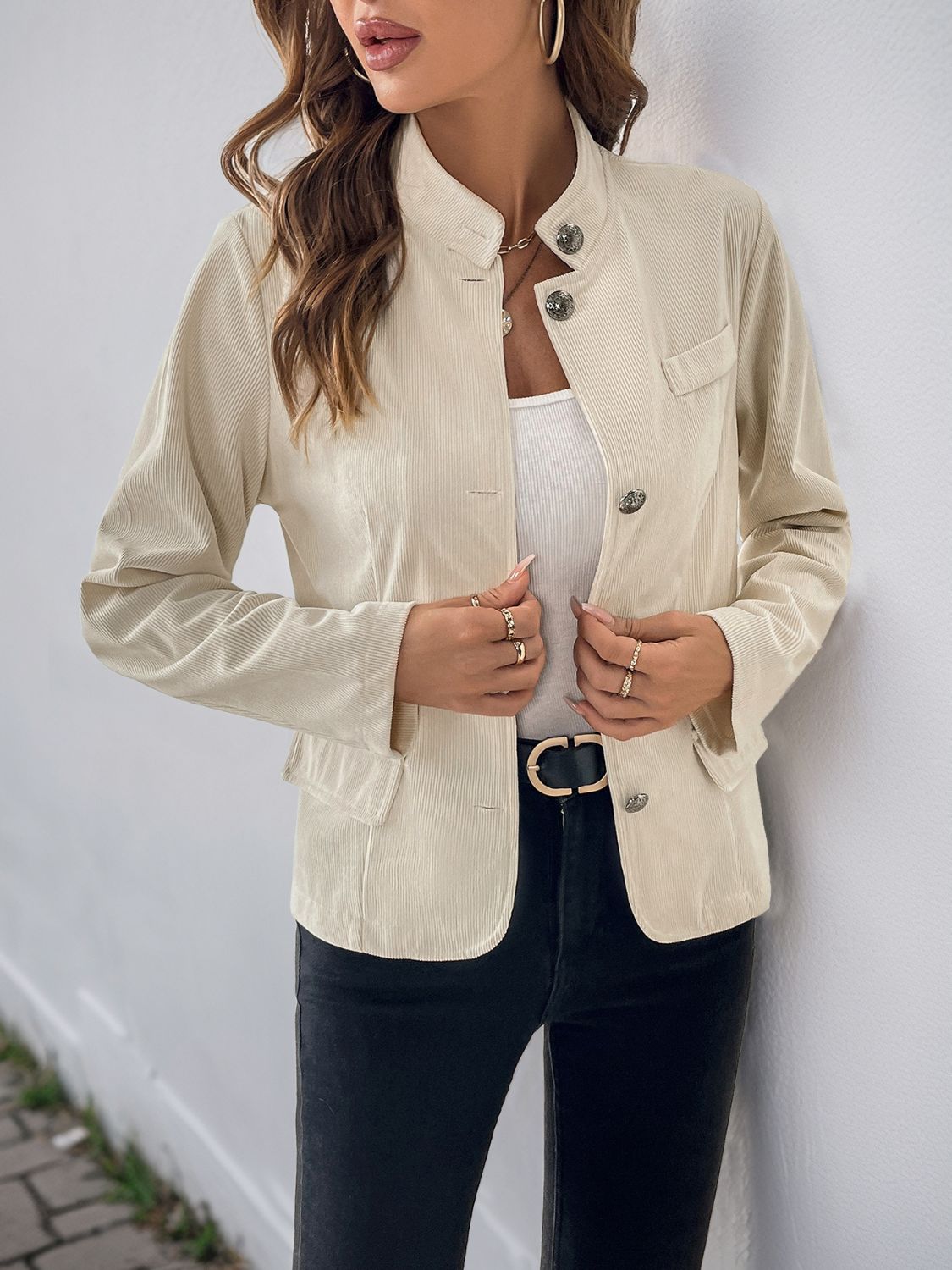 Perfee Button Up Mock Neck Jacket-Angel Casuals