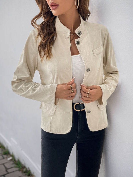 Perfee Button Up Mock Neck Jacket-Angel Casuals