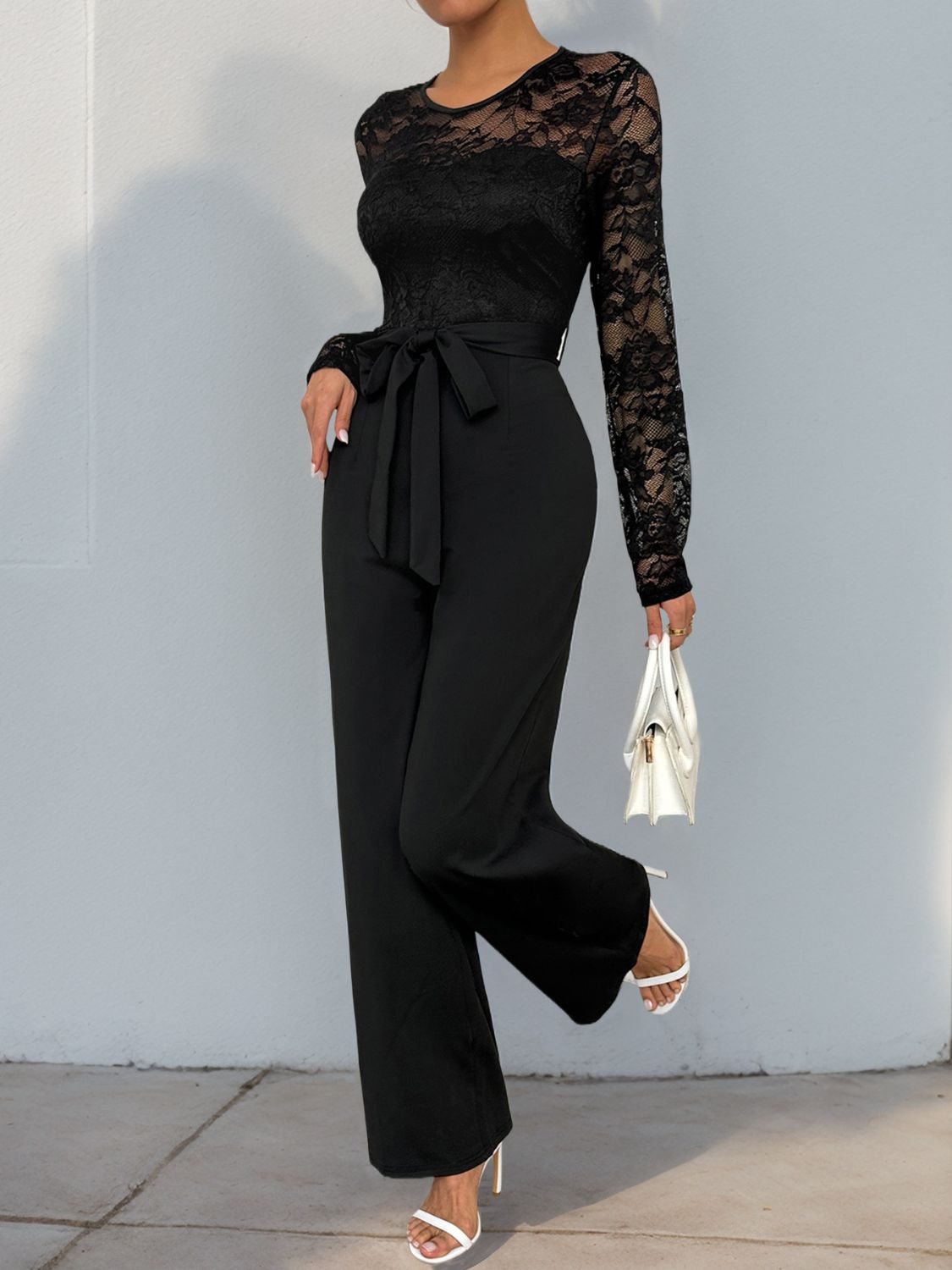 Perfee Lace Round Neck Long Sleeve Jumpsuit-Angel Casuals