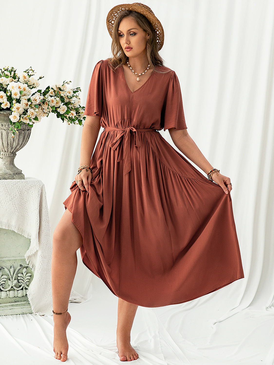 Plus Size V-Neck Flutter Sleeve Midi Dress-Angel Casuals