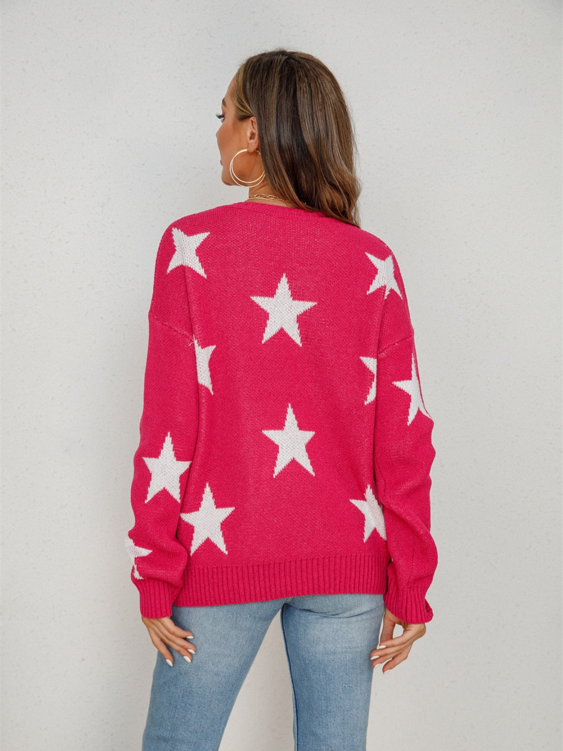 Angel Wings Star Round Neck Dropped Shoulder Sweater-Angel Casuals