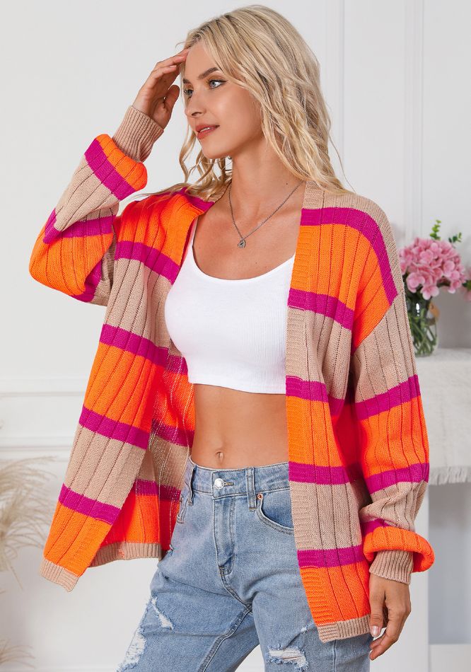Contrast Striped Drop Shoulder Open Front Cardigan-Angel Casuals