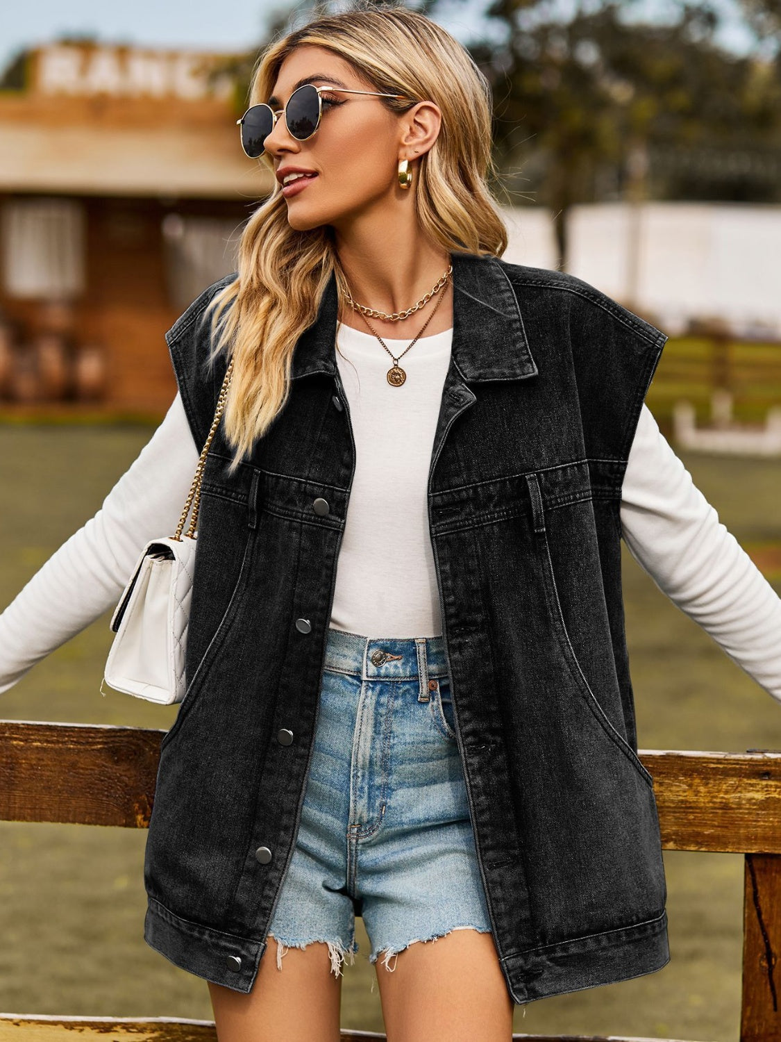 Button Up Collared Neck Sleeveless Denim Jacket-Angel Casuals