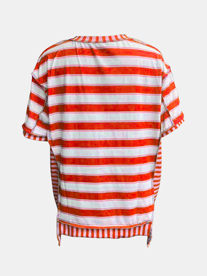 Full Size Contrast Stitching Striped Round Neck T-Shirt-Angel Casuals