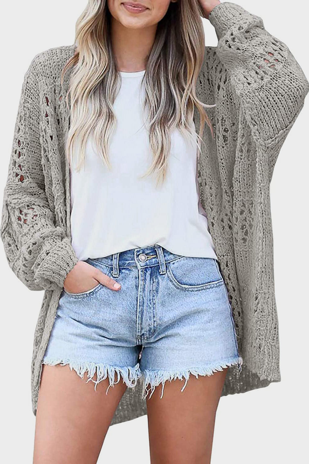 Openwork Open Front Long Sleeve Cardigan-Angel Casuals