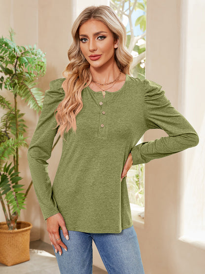 Buttoned Round Neck Puff Sleeve T-Shirt-Angel Casuals