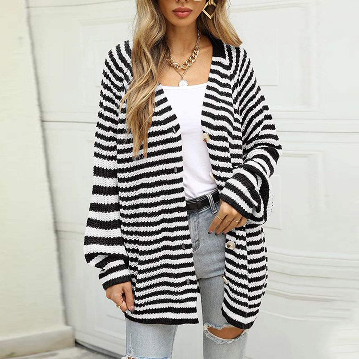Striped Button Down Long Sleeve Cardigan-Angel Casuals