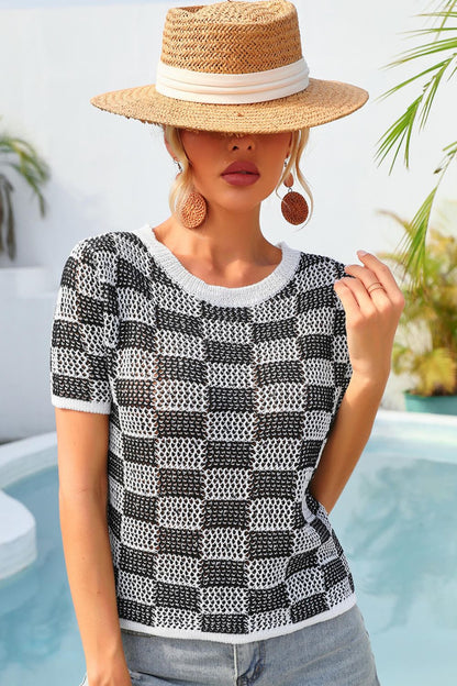 Angel Wings Checkered Short Sleeve Knit Top-Angel Casuals