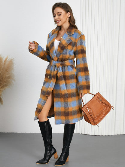 Tied Plaid Collared Neck Coat-Angel Casuals