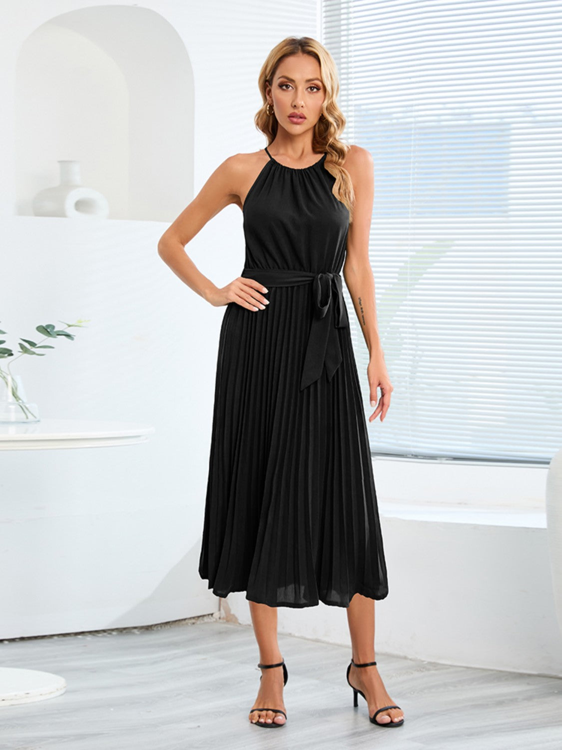 Pleated Spaghetti Strap Tie Waist Midi Dress-Angel Casuals