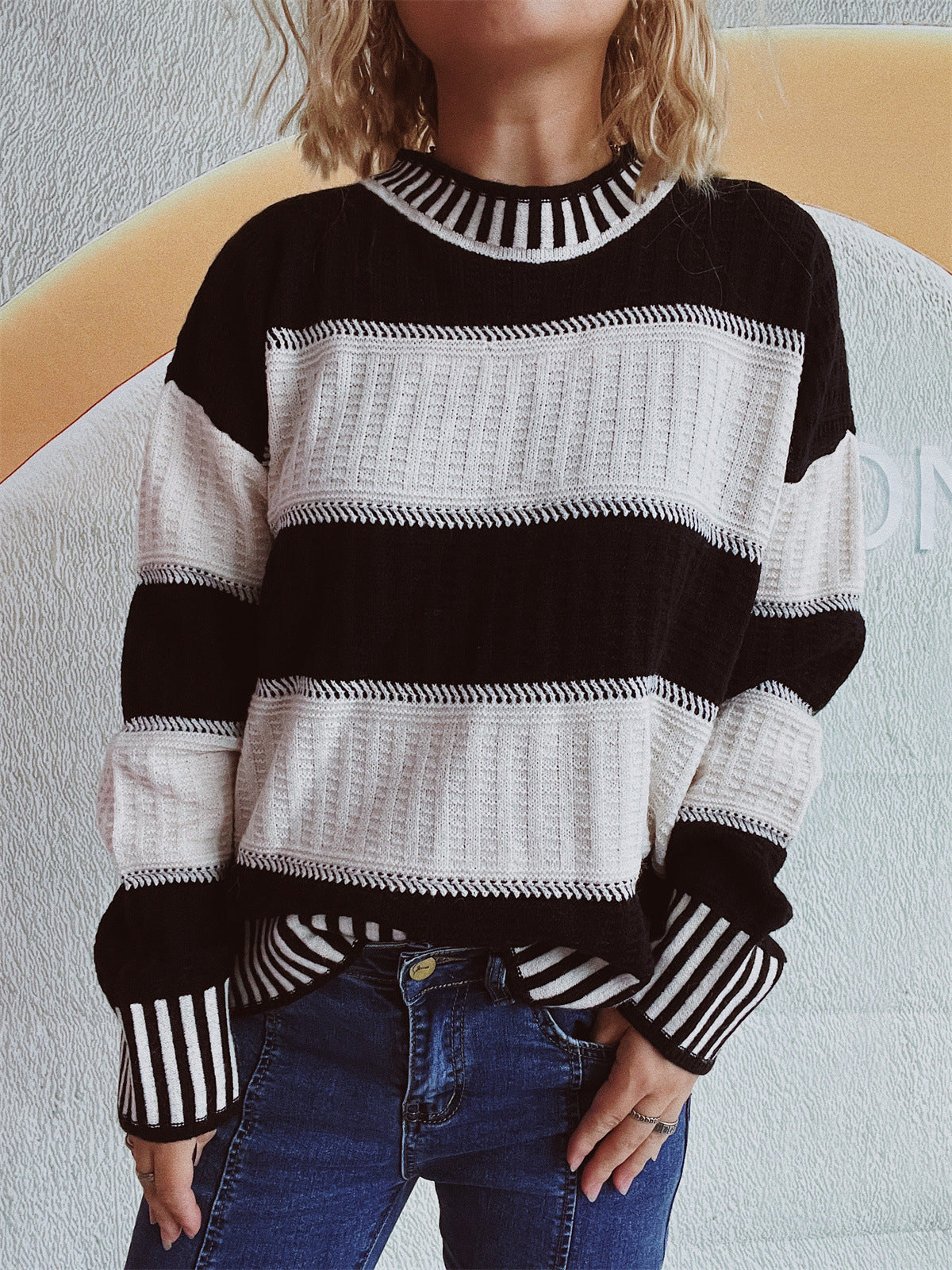 Contrast Round Neck Long Sleeve Sweater-Angel Casuals