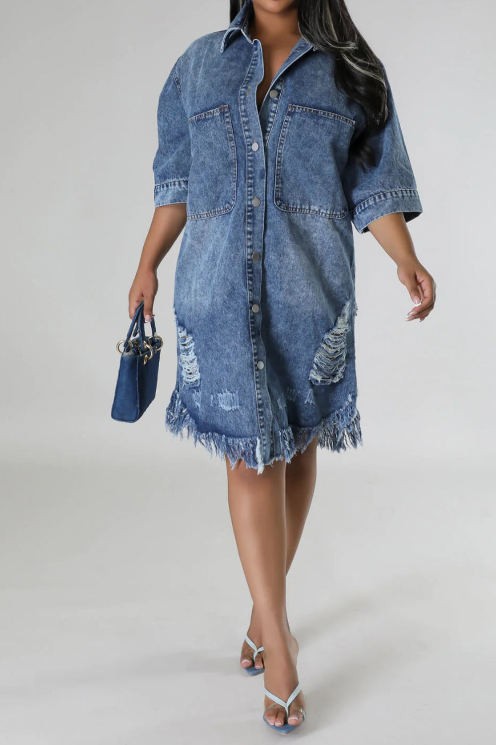 Distressed Raw Hem Button Up Denim Dress-Angel Casuals