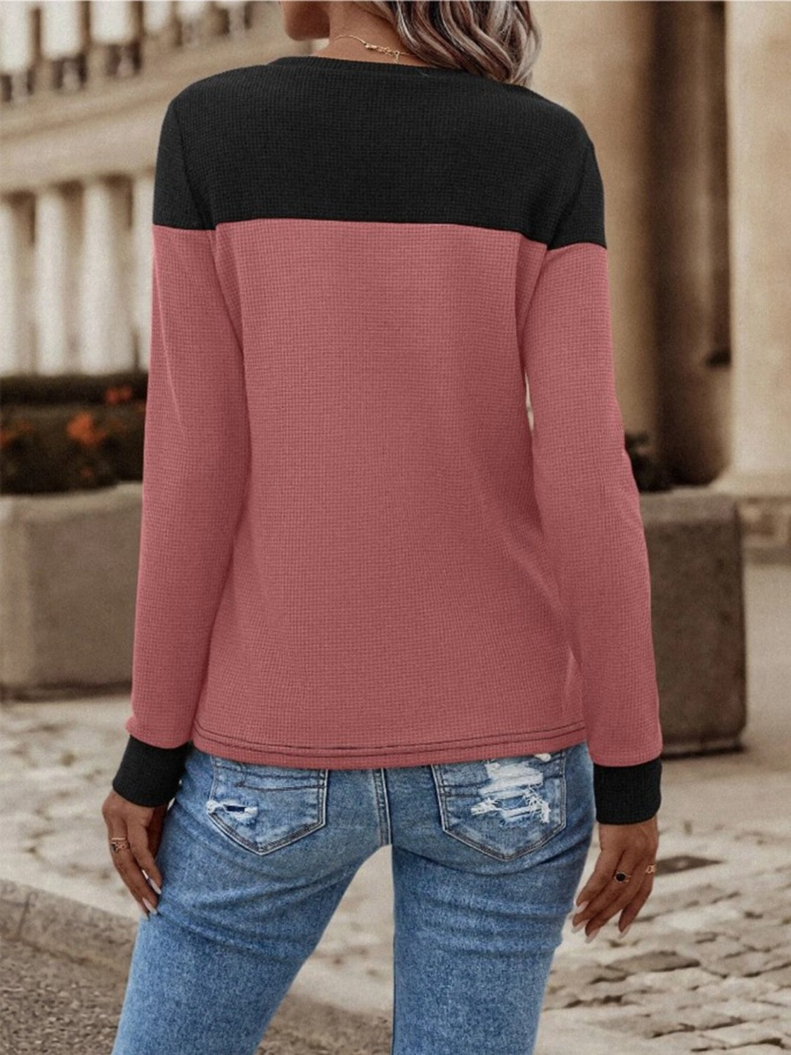 Contrast Buttoned Round Neck Long Sleeve T-Shirt-Angel Casuals