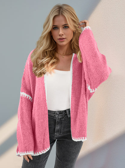Double Take Contrast Open Front Dropped Shoulder Cardigan-Angel Casuals