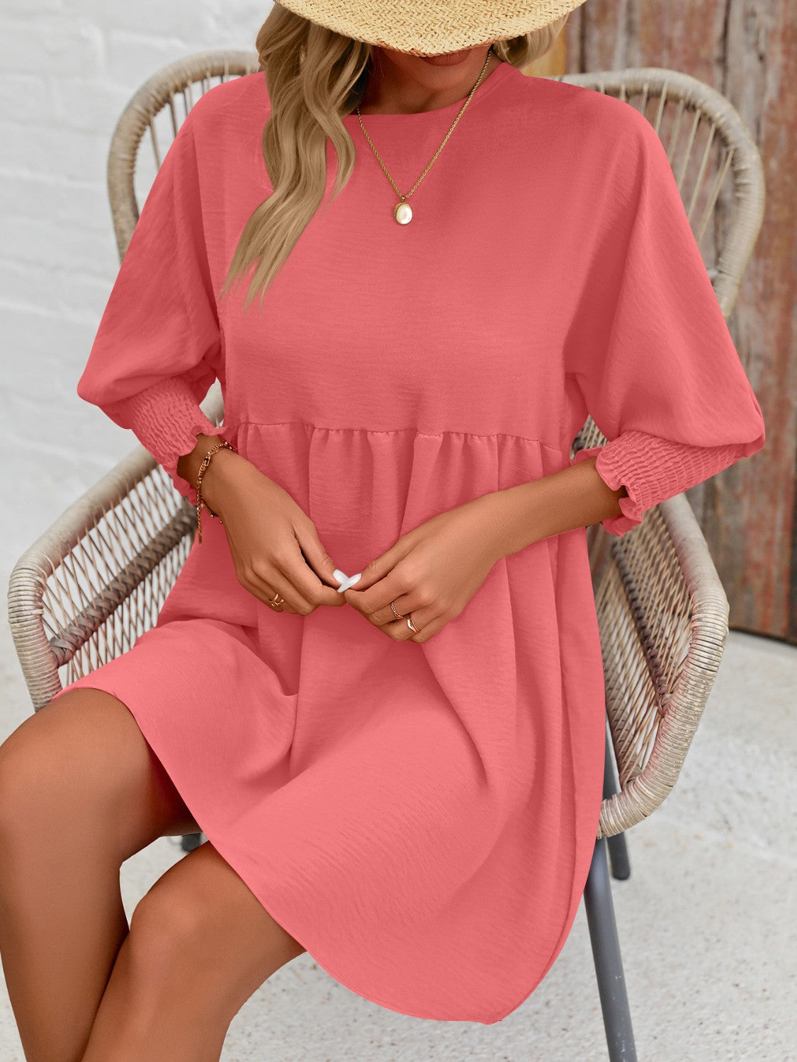 Round Neck Lantern Sleeve Mini Dress-Angel Casuals