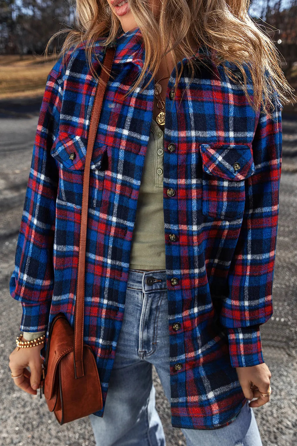 Pocketed Plaid Collared Neck Long Sleeve Shacket-Angel Casuals