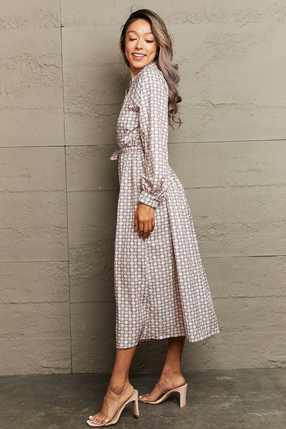 Printed Tie Waist Long Sleeve Dress-Angel Casuals