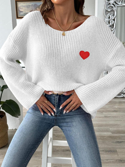 Heart Boat Neck Dropped Shoulder Sweater-Angel Casuals