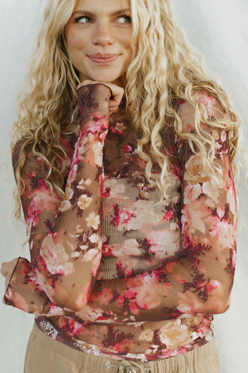Floral Mock Neck Long Sleeve Sheer Top-Angel Casuals