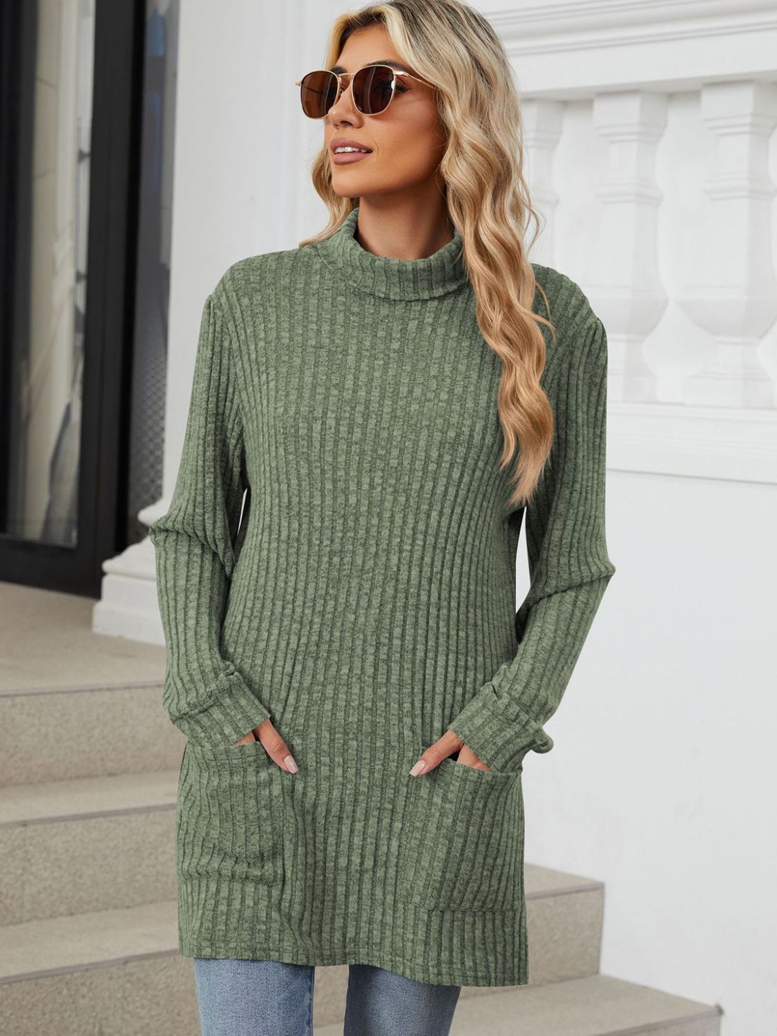Ribbed Mock Neck Long Sleeve T-Shirt-Angel Casuals
