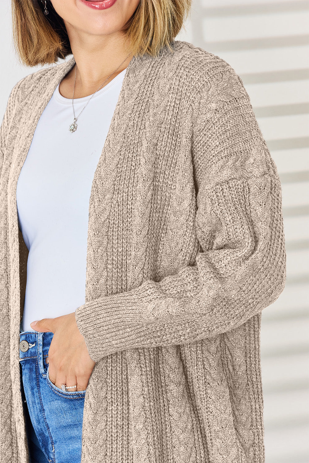 Cable-Knit Open Front Dropped Shoulder Cardigan-Angel Casuals