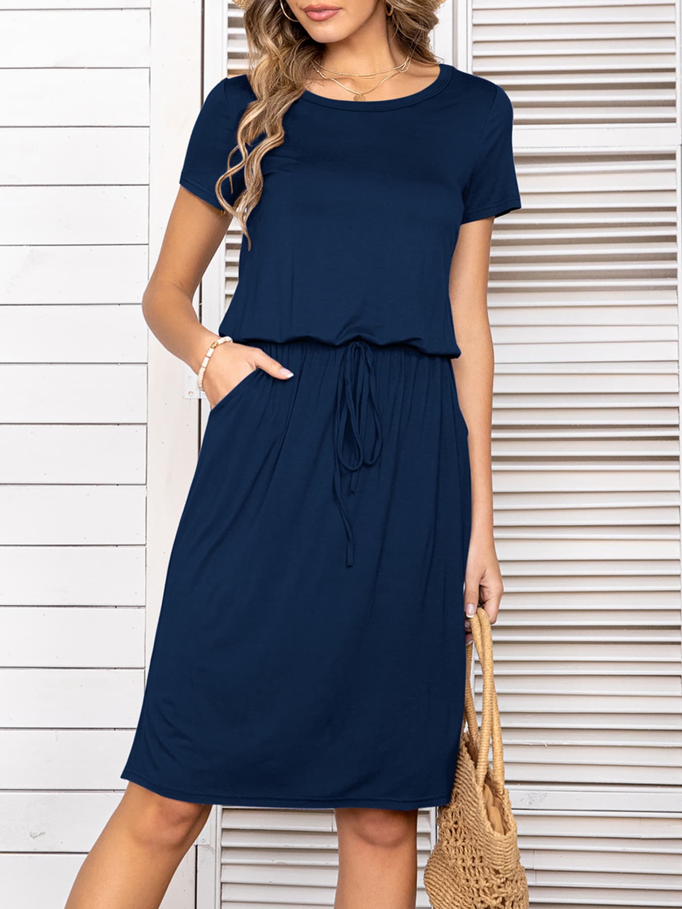 Round Neck Short Sleeve Slit Dress with Pockets-Angel Casuals