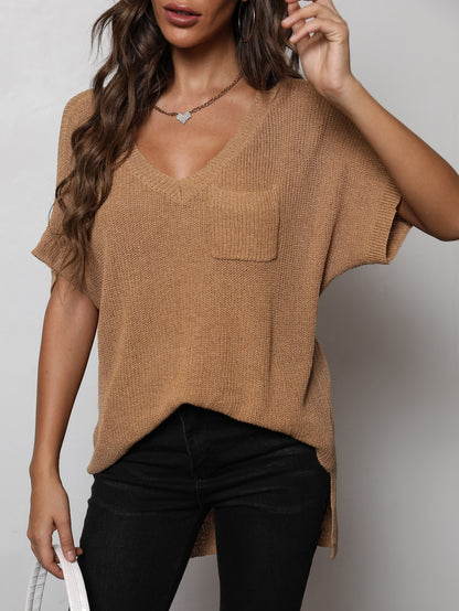 V-Neck Slit High-Low Knit Top-Angel Casuals