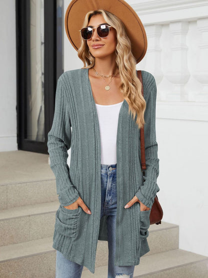 Pocketed Open Front Long Sleeve Cardigan-Angel Casuals